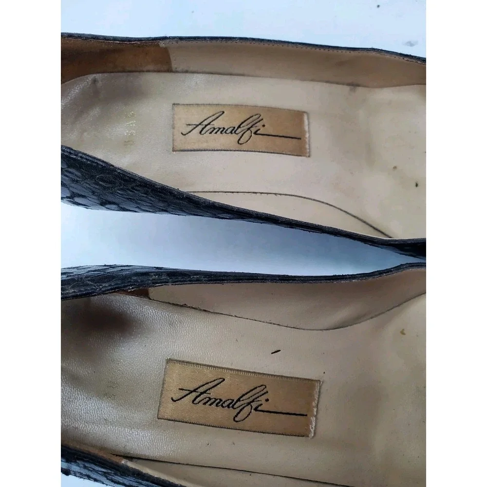 AMALFI Metalic‎ Black Anaconda Leather Pumps Kitten Heels Shoes 8B Italy Y2K
